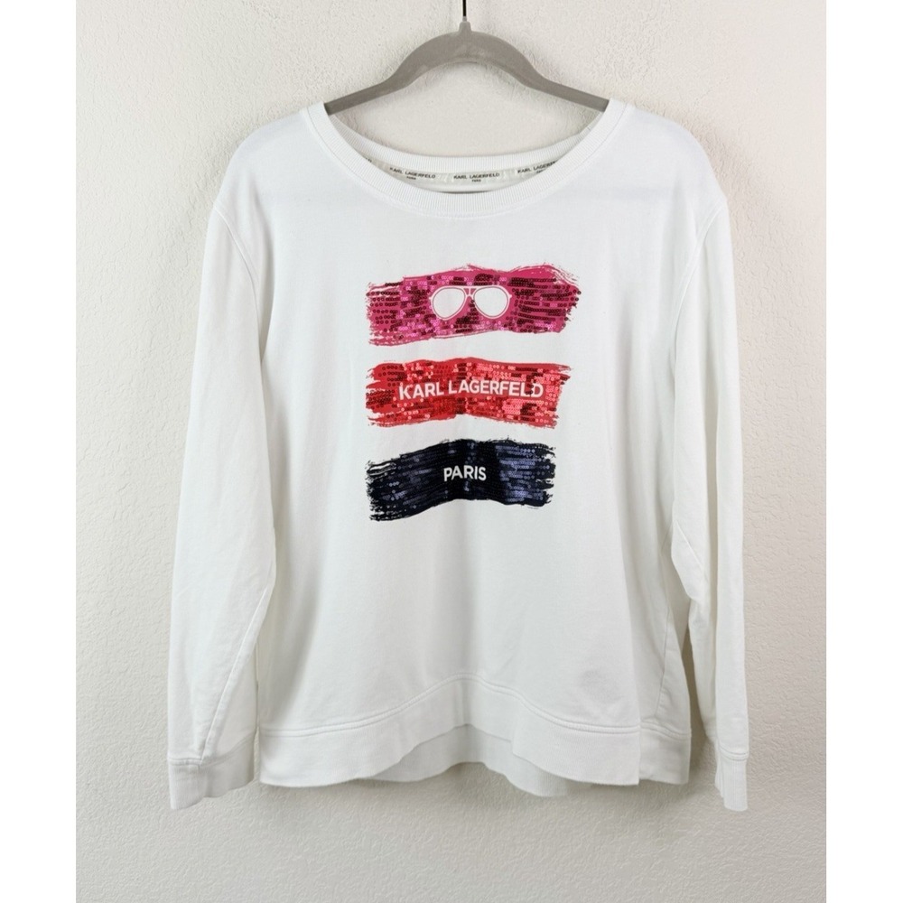 Karl Lagerfeld Paris Sequin Graphic Sweatshirt Women's L White Lounge Athleisure